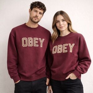 Obey Logo Crewneck Sweatshirt Burgundy Embroidered Chest Graphic Fleece Unisex S